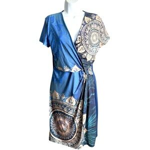 Desigual Colorful Elegant Blue Patterned Wrap Dress XL